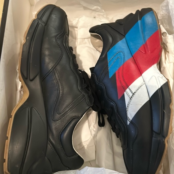 GUCCI SNEAKERS MENS BLACK LEATHER RHYTON WEB (Chas) - Picture 1 of 6